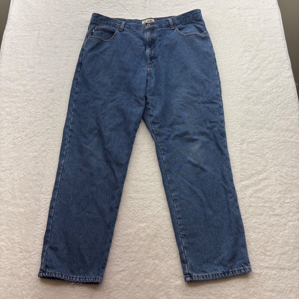 LL Bean Mens Natural Fit Flannel Lined Jeans 40x32 Blue Plaid Straight Leg